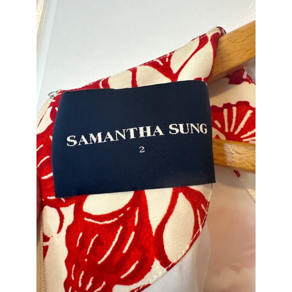 Samantha Sung Red & Ivory 100% Silk Printed Midi Dress with 3/4 Sleeves Size 2 - Picture 6 of 11